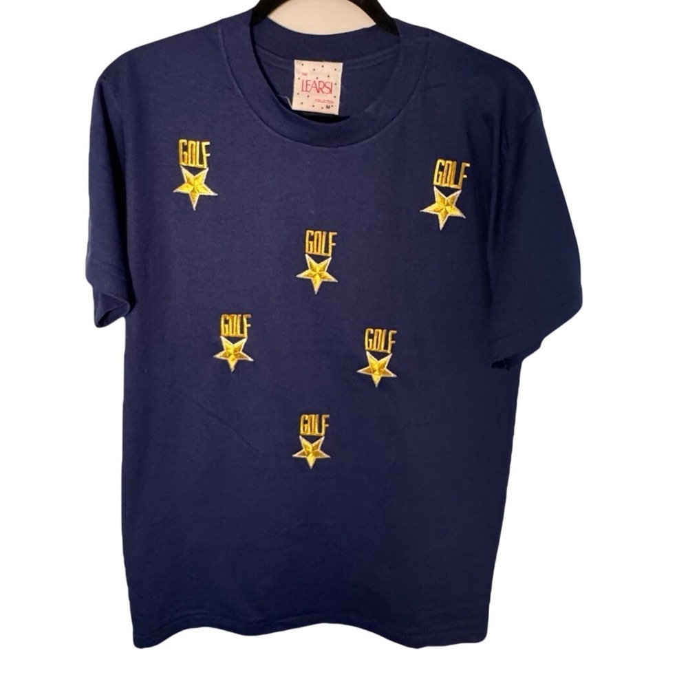 VTG Golf T-Shirt Embroidery Navy Gold Stars‎ Hanes Heavyweight Sz Medium